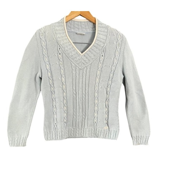 Blue Willi's Sweaters - Blue Willi's Light Blue Cable Knit V-Neck Sweater Size M Cotton